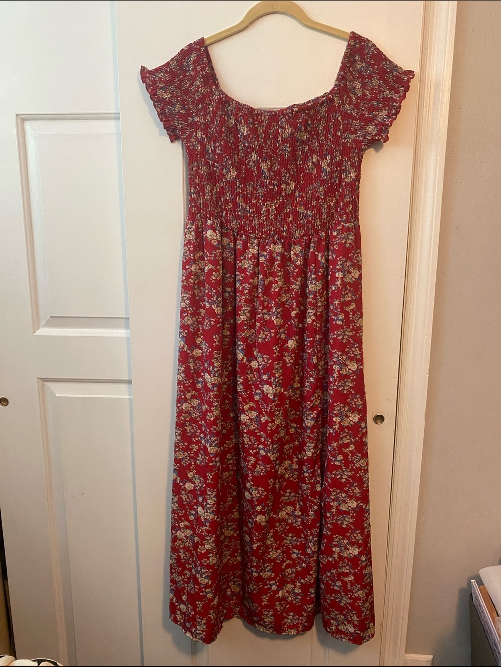 Red Floral Smocked Midi Dress